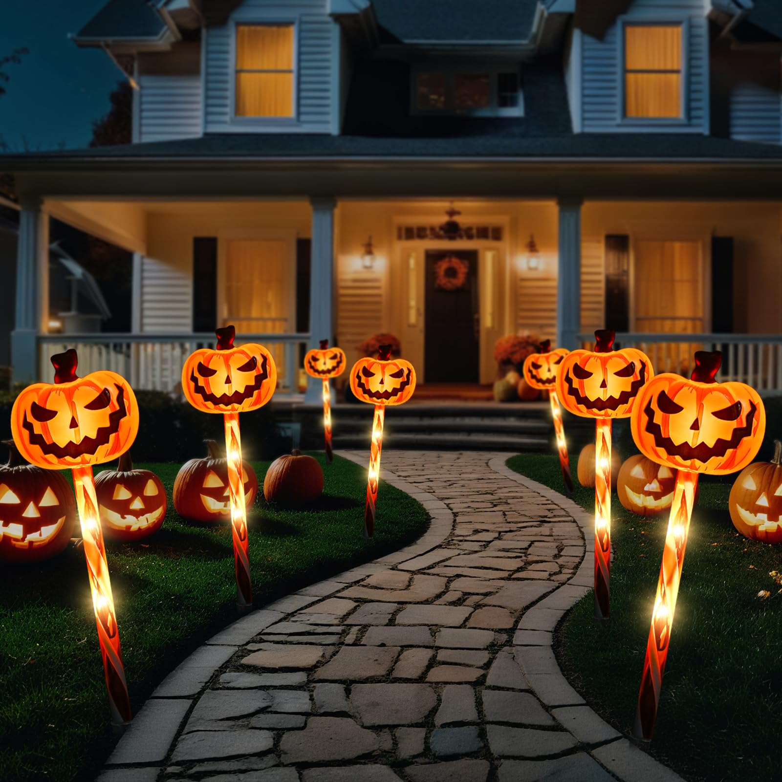 LOLStar Halloween Pathway Lights – 5 Jack-O’-Lantern Pumpkin Stakes with 8 Flashing Modes, Timer & Waterproof Battery Box (Orange, 8.8ft Strand)