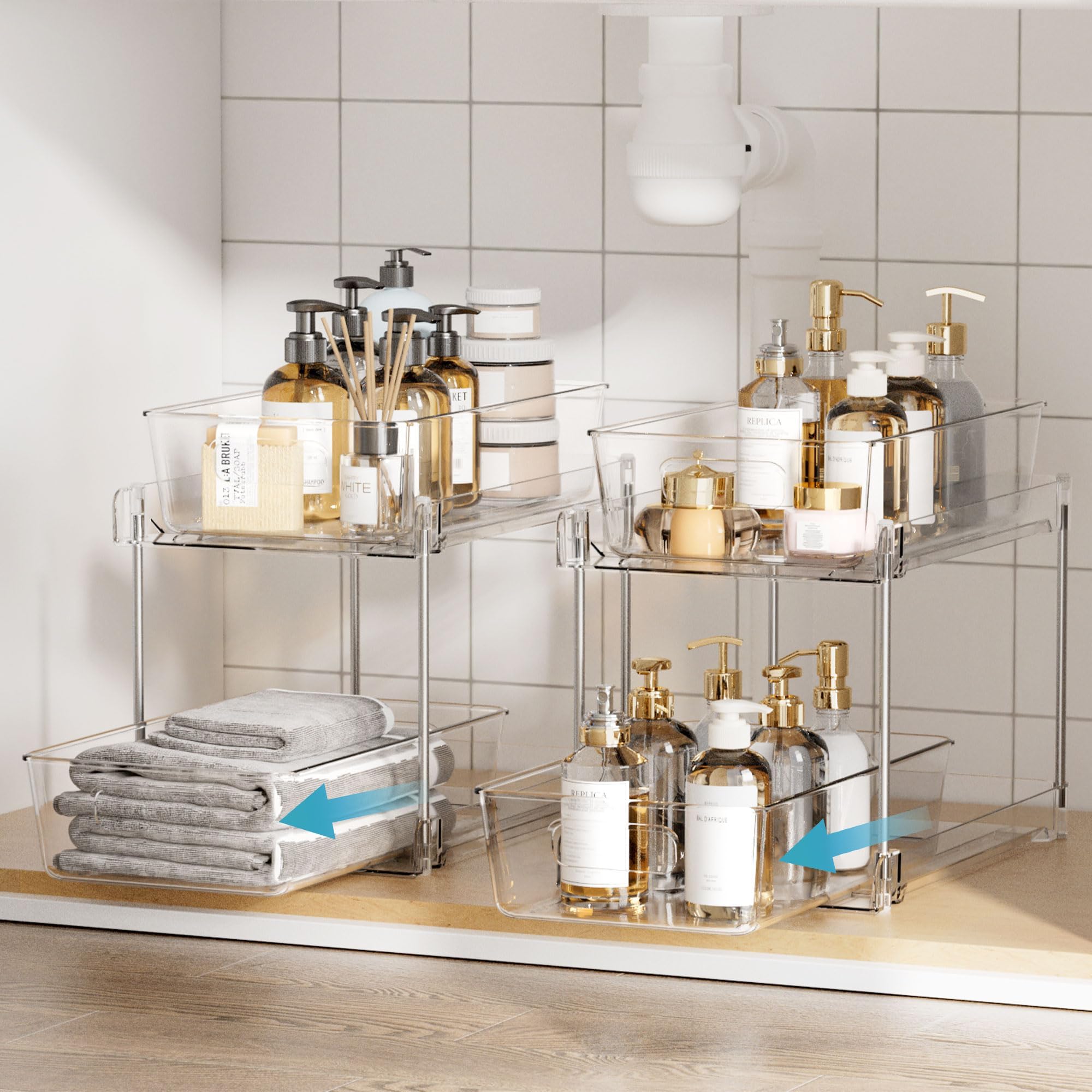 2-Tier Under Sink Organizer with Slide-Out Drawers – Clear Bathroom & Kitchen Storage Rack with Handles