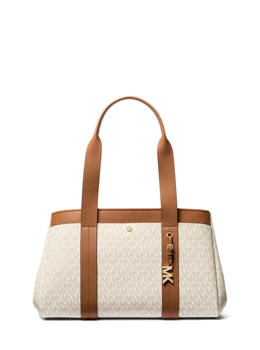 Michael Kors Romee Large Logo Tote Bag – Canvas & Leather Carryall with Gold-Tone Hardware (Vanilla/Acorn)