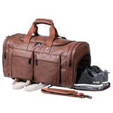 Leather Travel Duffel Bag with Shoe Compartment – Large Waterproof PU Weekender Carry-On Bag (Brown)
