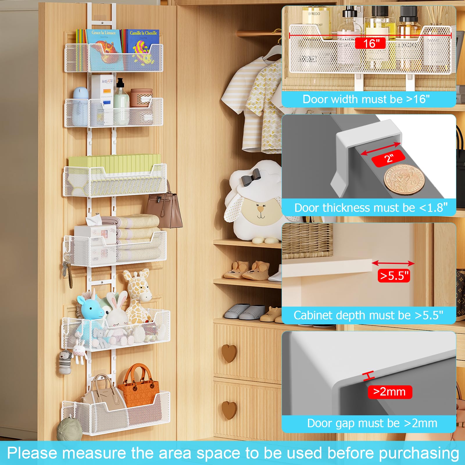 Hongtamoya Over-the-Door Metal Organizer – Adjustable 6-Basket Hanging Storage with Hooks for Home & Pantry (White)
