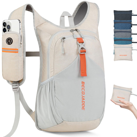 BECOJADDE 15L Ultralight Packable Hiking Backpack – Foldable Mini Daypack for Travel, Camping & Outdoor Use – Beige