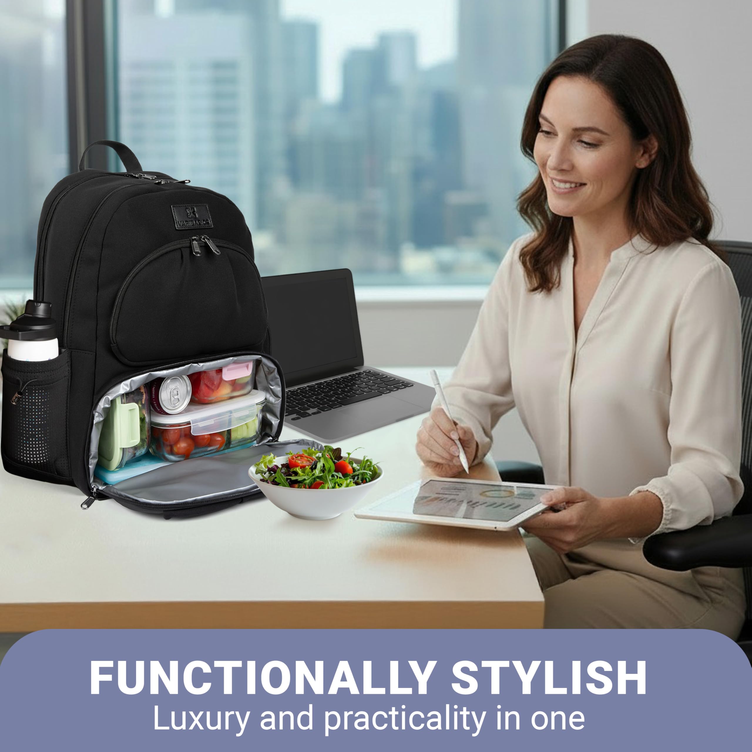 Alira Women’s Lunch Backpack with Insulated Cooler & Belt Bag – Premium Black Neoprene Work, Travel & Laptop Backpack (Fits 17”)
