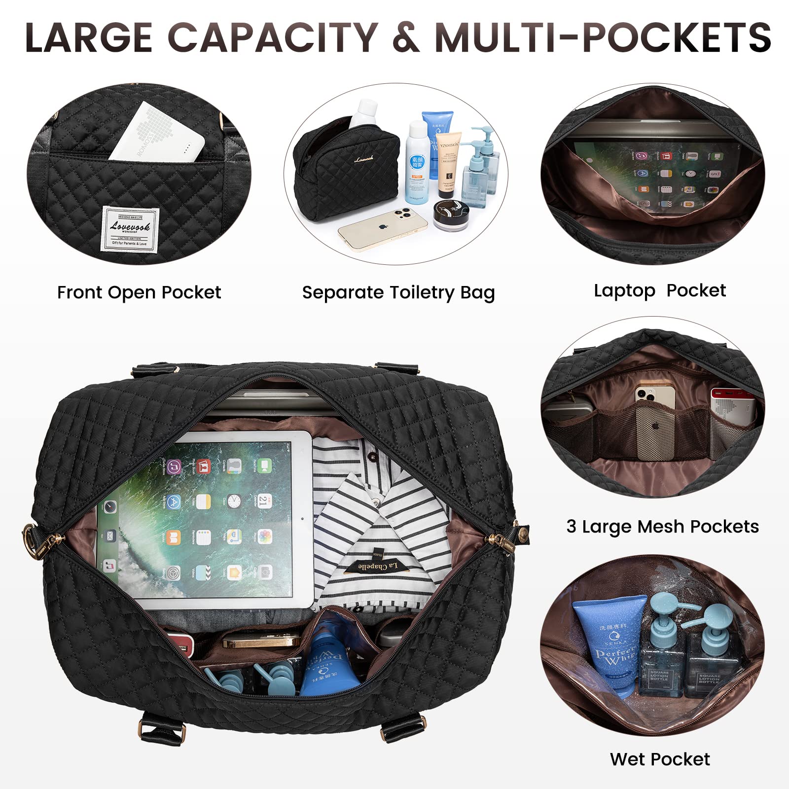 LOVEVOOK Women’s Travel Duffle Bag – Carry-On Weekender with Shoe Compartment, Wet Pocket & Toiletry Bag (Black)