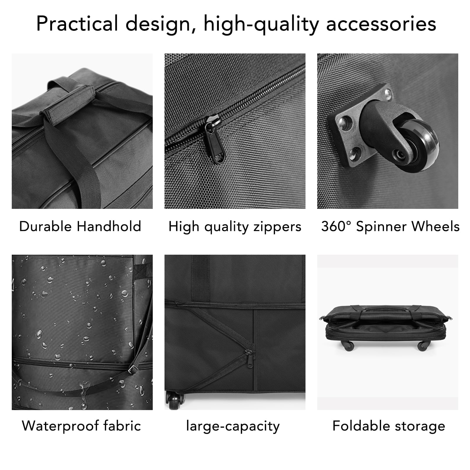 Expandable Foldable Rolling Duffel Bag 90L, Lightweight Collapsible Travel Luggage with Spinner Wheels (Black)