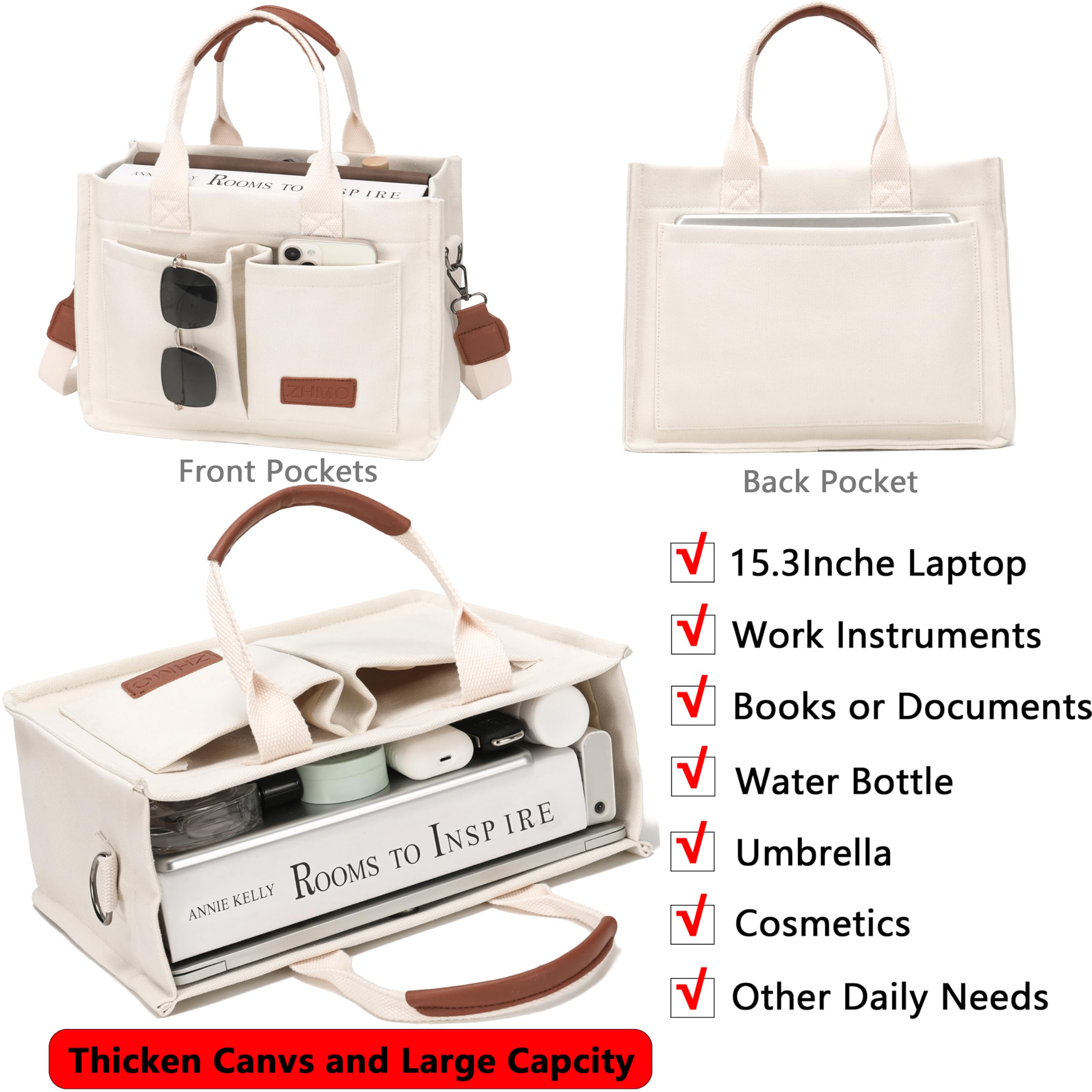 ZHMO Canvas Tote Bag for Women – Large Laptop Work Tote with Compartments, Shoulder & Crossbody Carry (Beige)