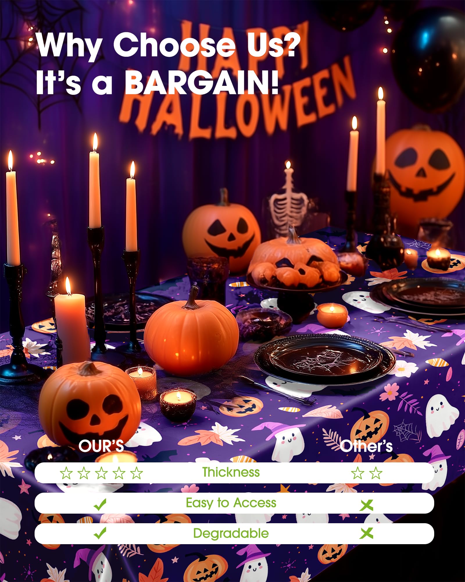 Halloween Purple Disposable Plastic Tablecloth – Waterproof & Stain-Resistant PEVA (US12200)