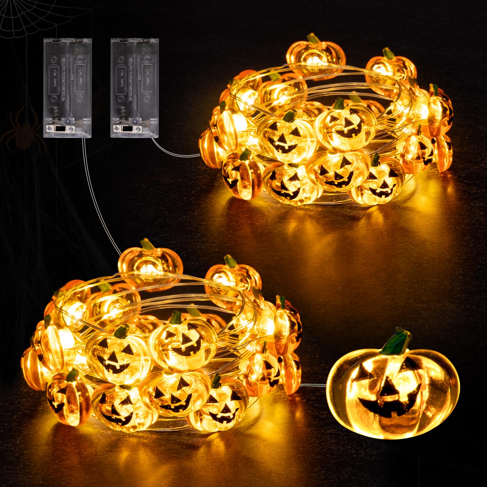 Mini Pumpkin String Lights – 7FT 20 LED Battery Operated Halloween Fairy Lights (Warm Orange Glow)