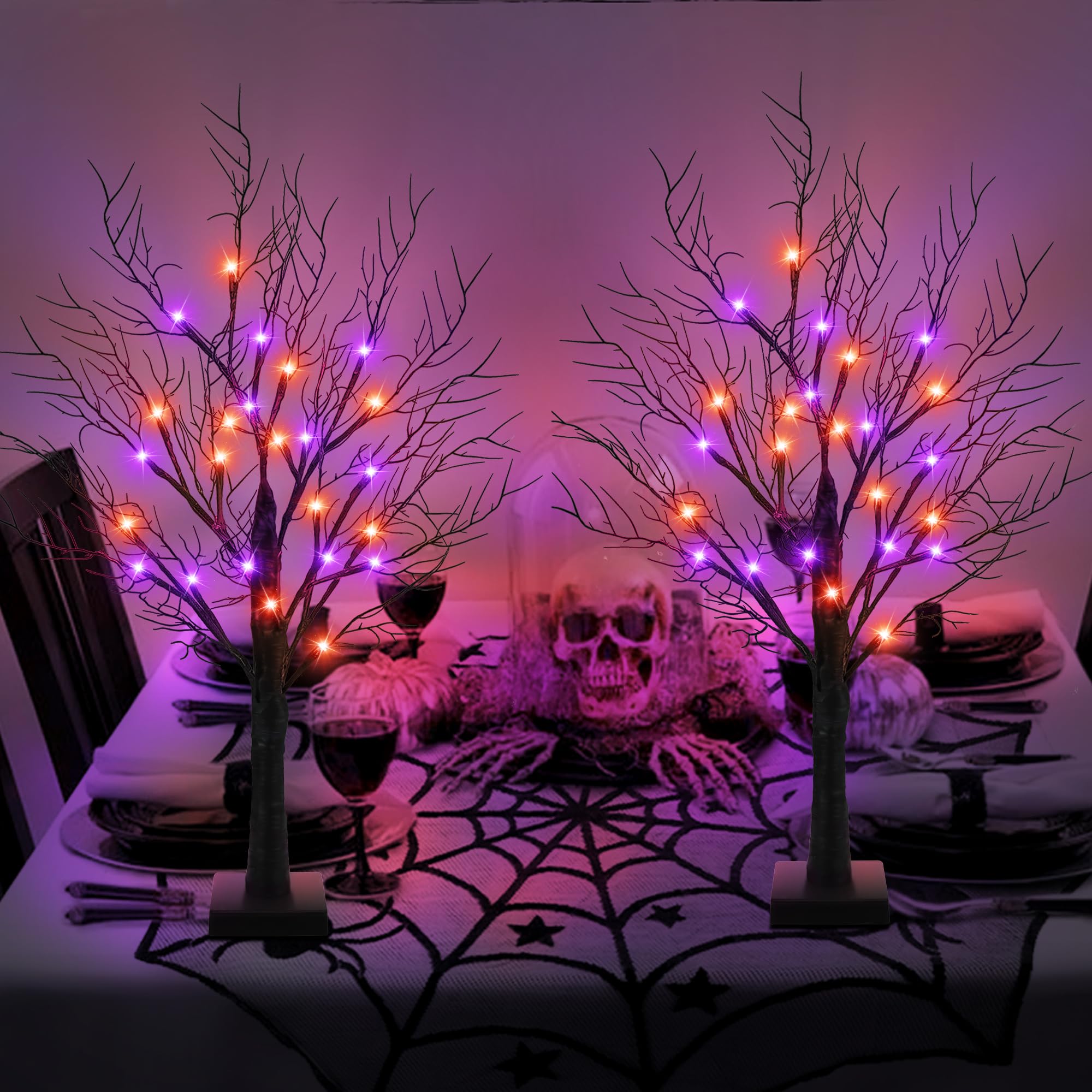 Set of 2 Black Halloween Trees – 24” Light-Up Tabletop Decor with 24 Orange & Purple LED Lights
