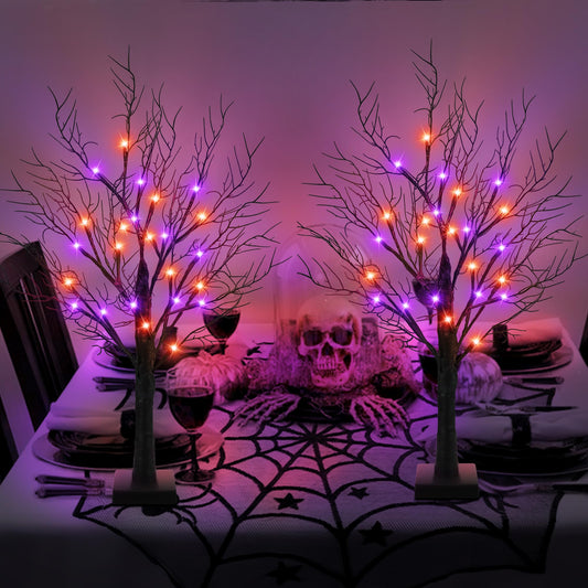 Set of 2 Black Halloween Trees – 24” Light-Up Tabletop Decor with 24 Orange & Purple LED Lights