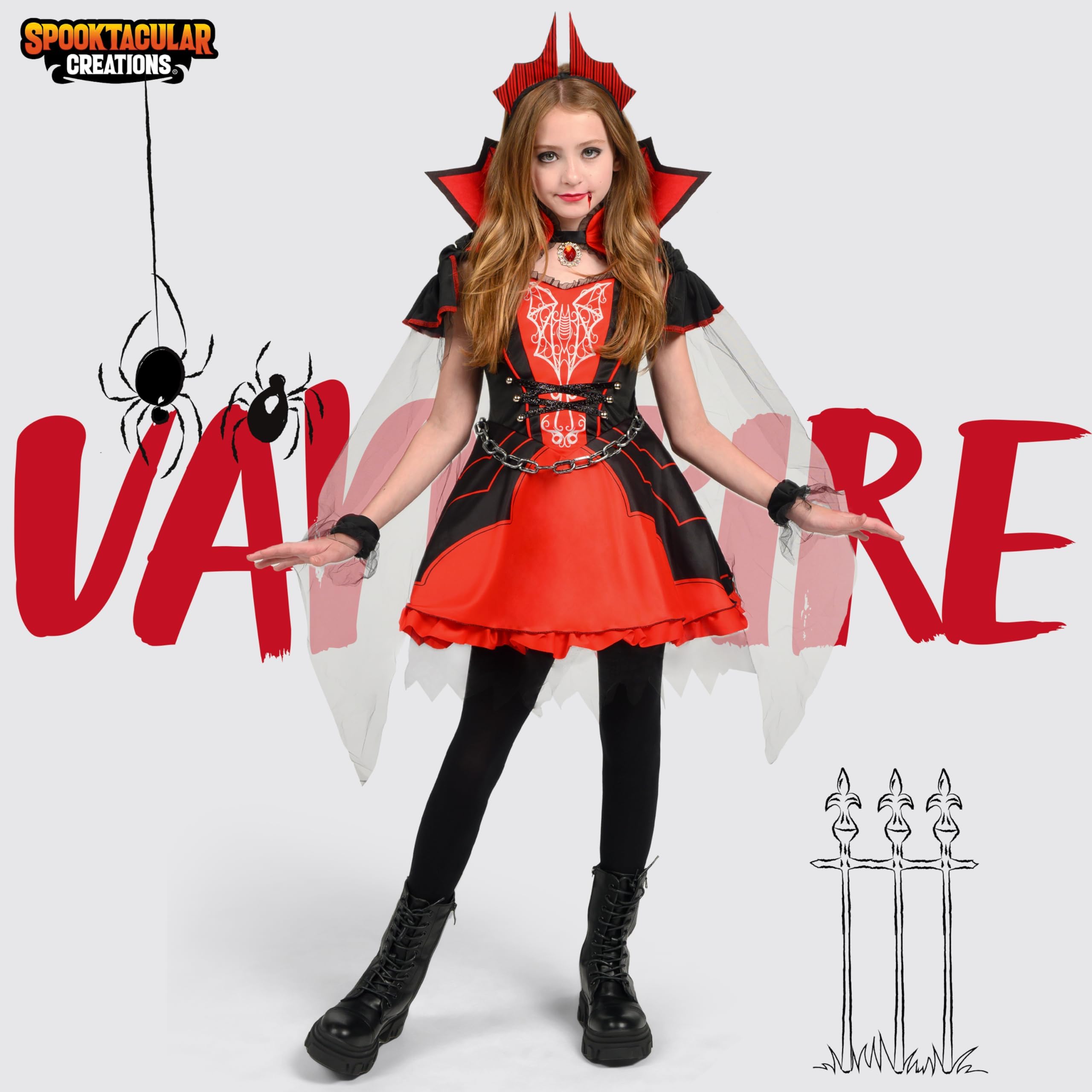 Girls Red Vampire Queen Costume Set – Dress, Cape, Gloves, Necklace & Headband (Sizes 5–16)
