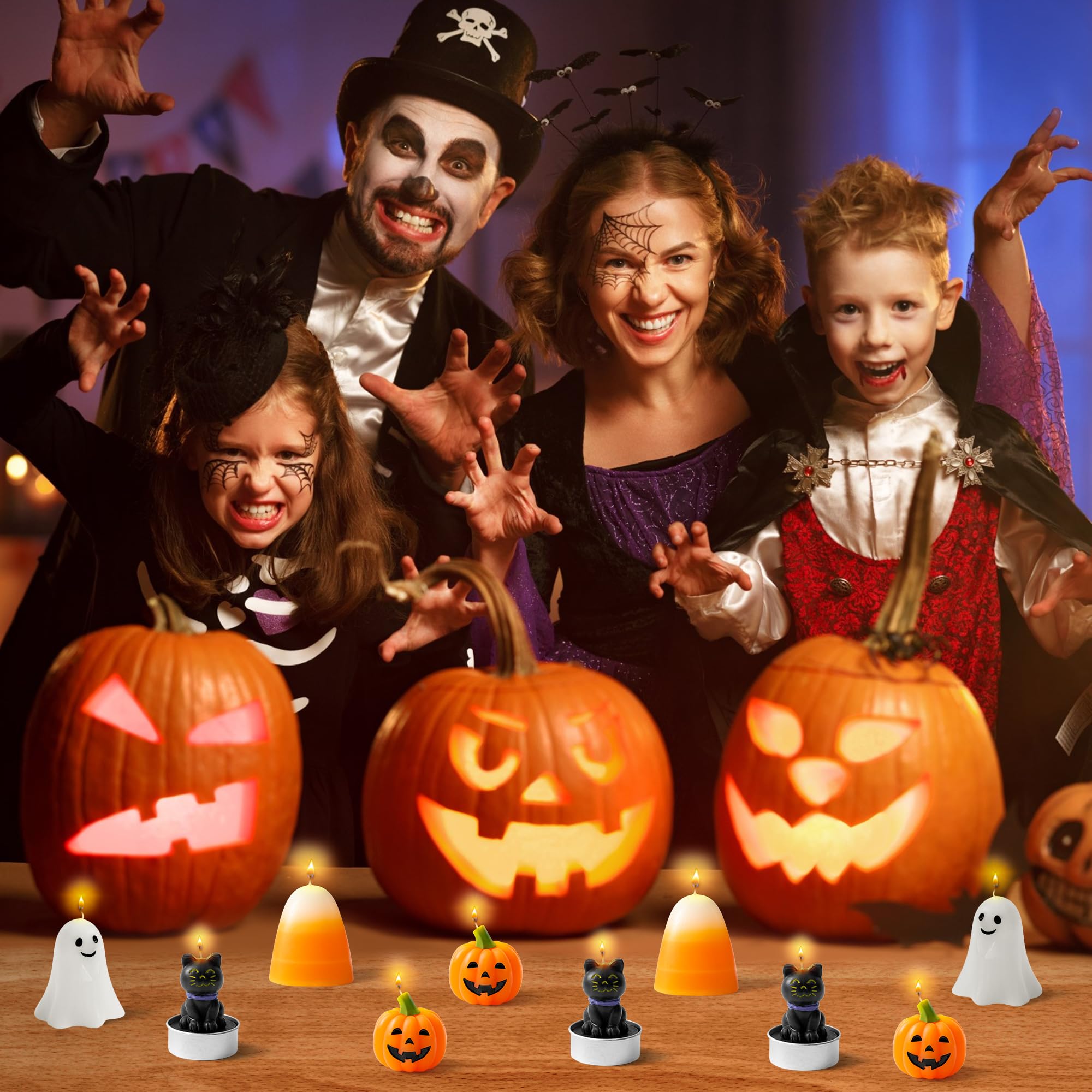 12 Pcs Halloween Mini Candles Set 🎃 Ghost, Pumpkin, Candy Corn & Black Cat Designs – Multicolor Wax Tealights for Fall & Party Decor