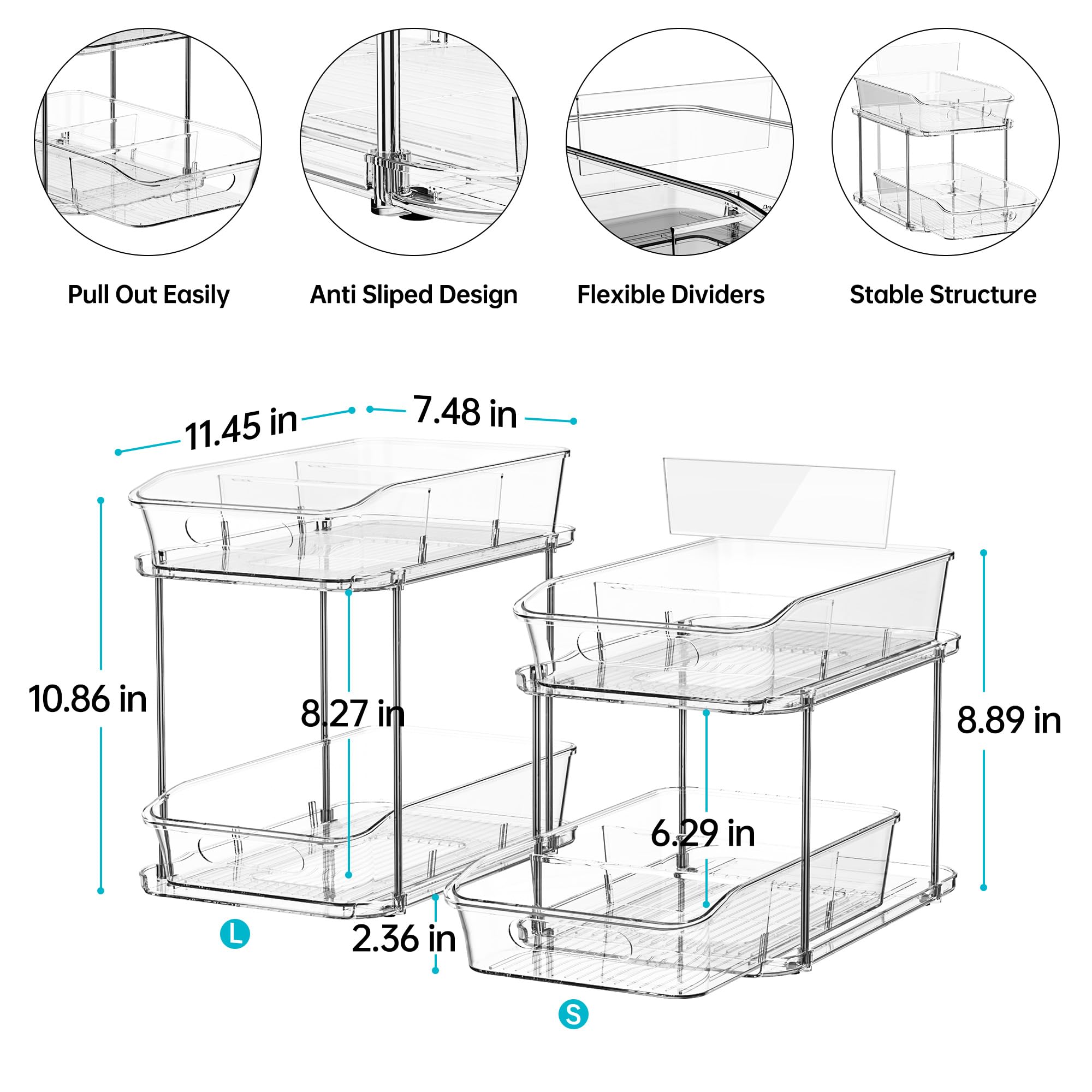 Delamu 2-Tier Clear Under Sink Organizer – Stackable Pull-Out Cabinet Storage with Dividers (2-Pack)