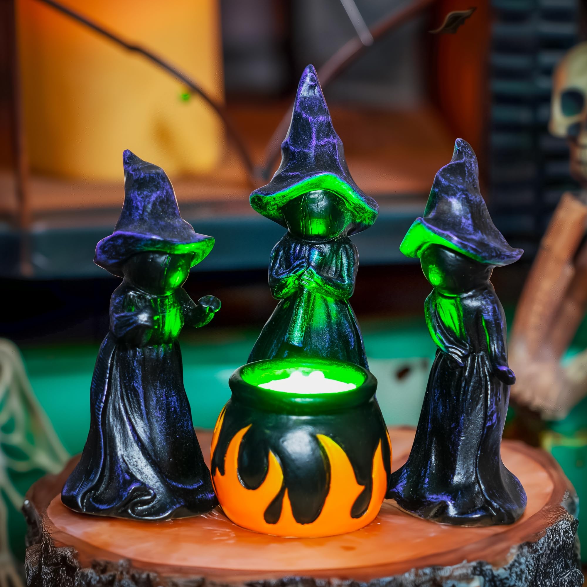 NEROSUN Lighted Witches’ Cauldron Figurines – 4-Piece LED Halloween Table & Mantel Decorations (Green Glow) 🧙‍♀️✨