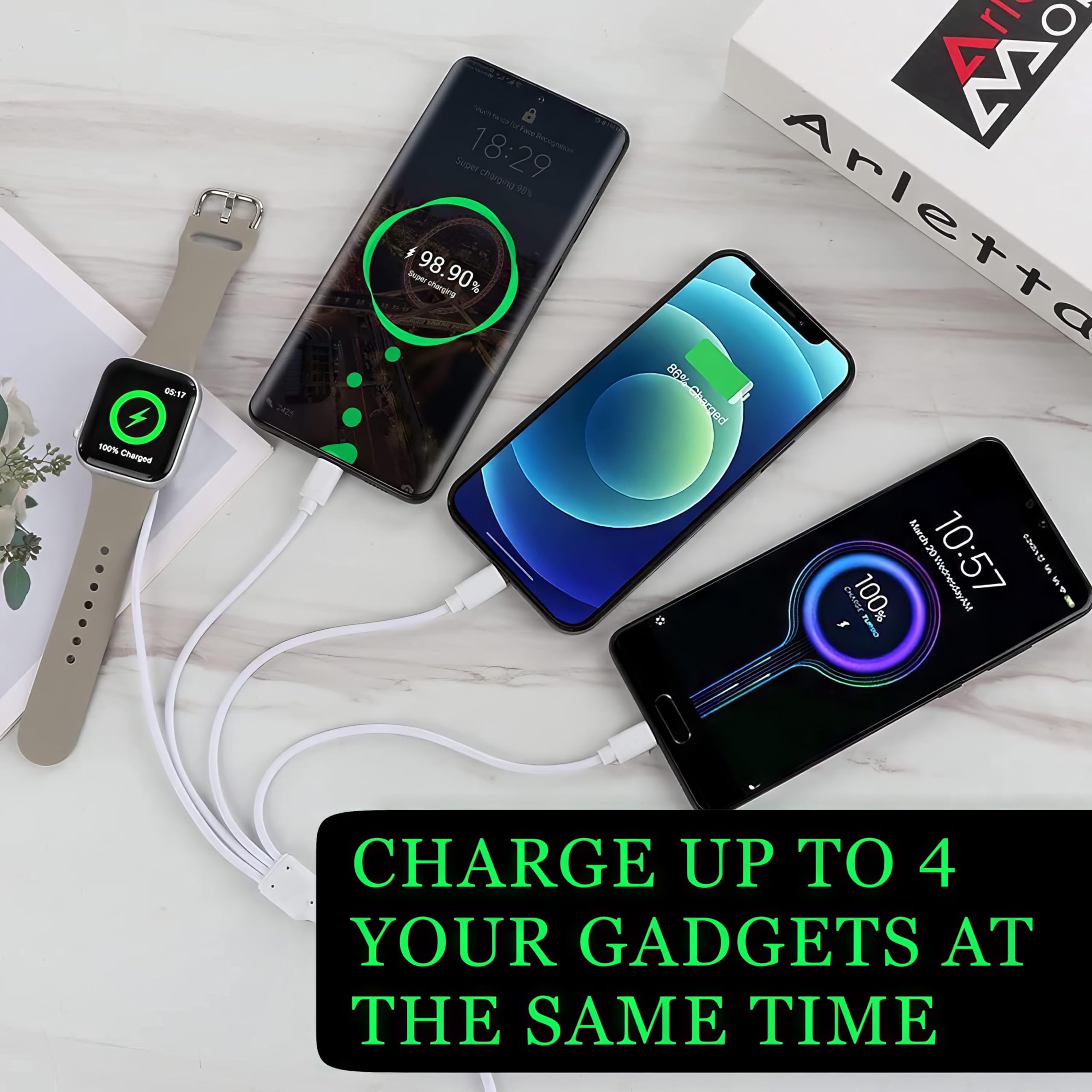 4-in-1 Multi Charging Cable for Apple Watch & iPhone – Universal Travel Charger Cord (4FT)