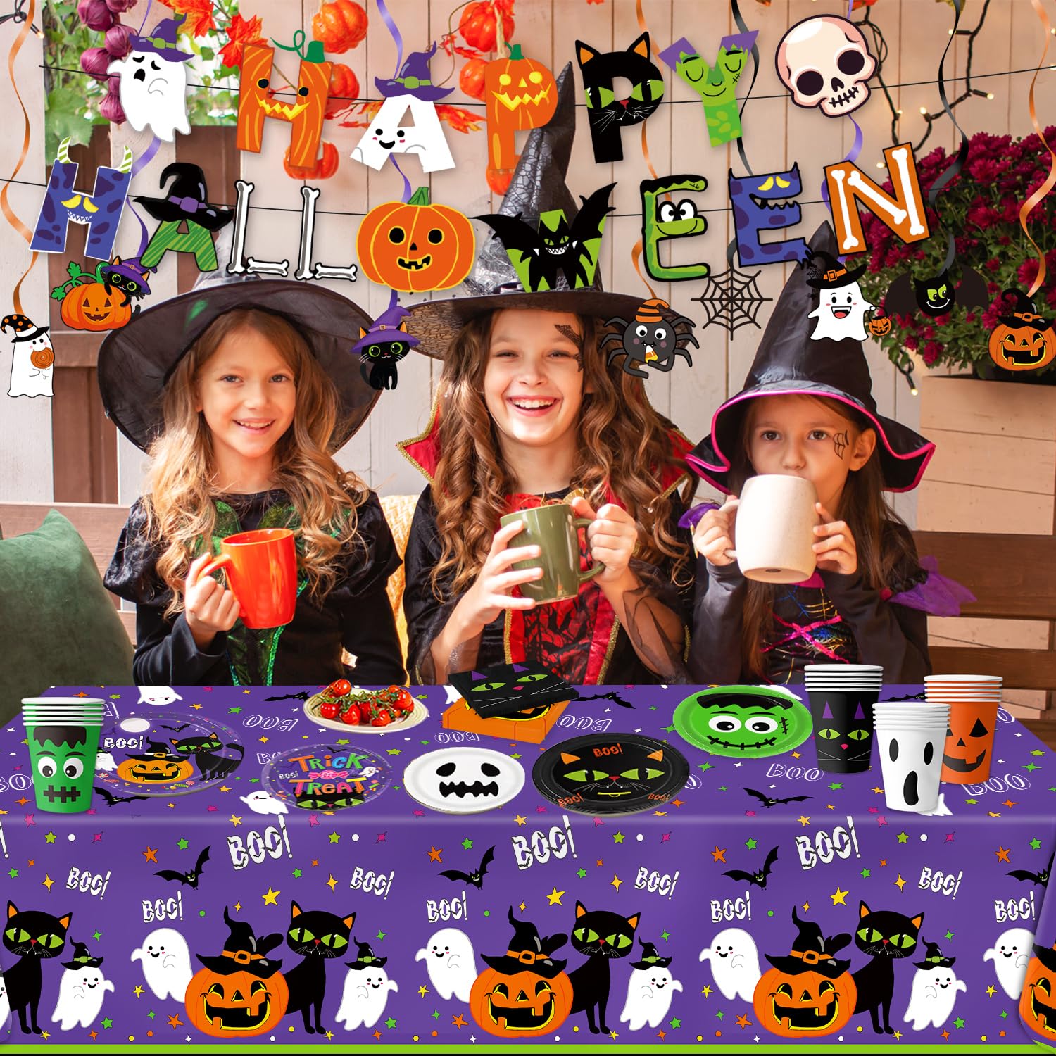 Halloween Party Supplies Set for 24 Guests – Includes Plates, Cups, Napkins, Tablecloth, Banner & Hanging Swirls – Complete Halloween Tableware & Decorations Kit