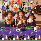 Halloween Party Supplies Set for 24 Guests – Includes Plates, Cups, Napkins, Tablecloth, Banner & Hanging Swirls – Complete Halloween Tableware & Decorations Kit