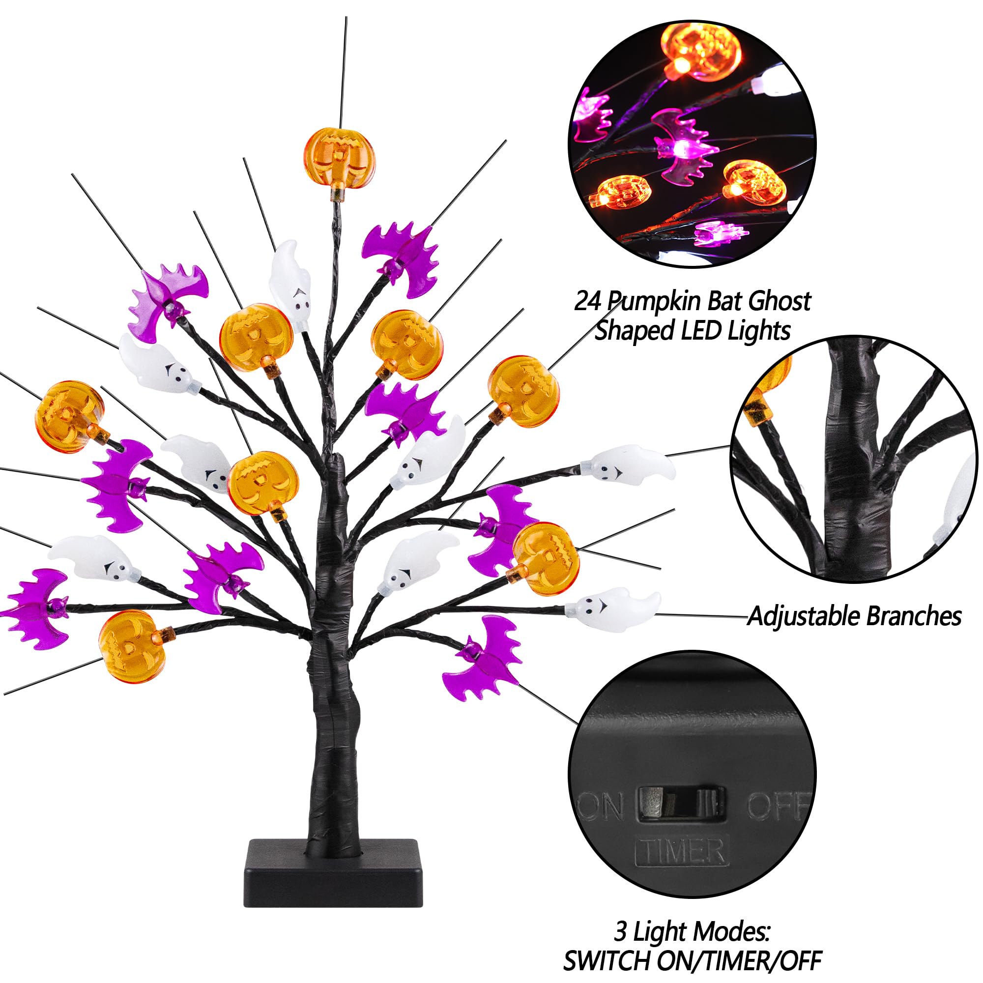 Lighted Halloween Tree – 24 LED Pumpkin, Bat & Ghost Lights with Adjustable Branches, USB or Battery Powered Tabletop Decoration (Timer Function Included)