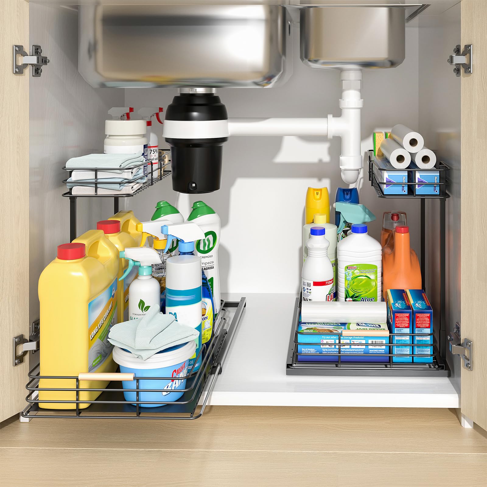 Lamu 2-Pack Under-Sink Pull-Out Organizers – Large L-Shaped 2-Tier Cabinet Storage with Silent Glide