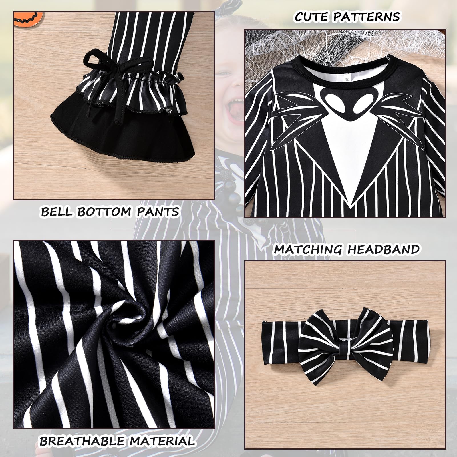 Little Girl Halloween Outfit – Toddler Jack Skellington & Sally Inspired Fall Clothing Set (4T–5T)