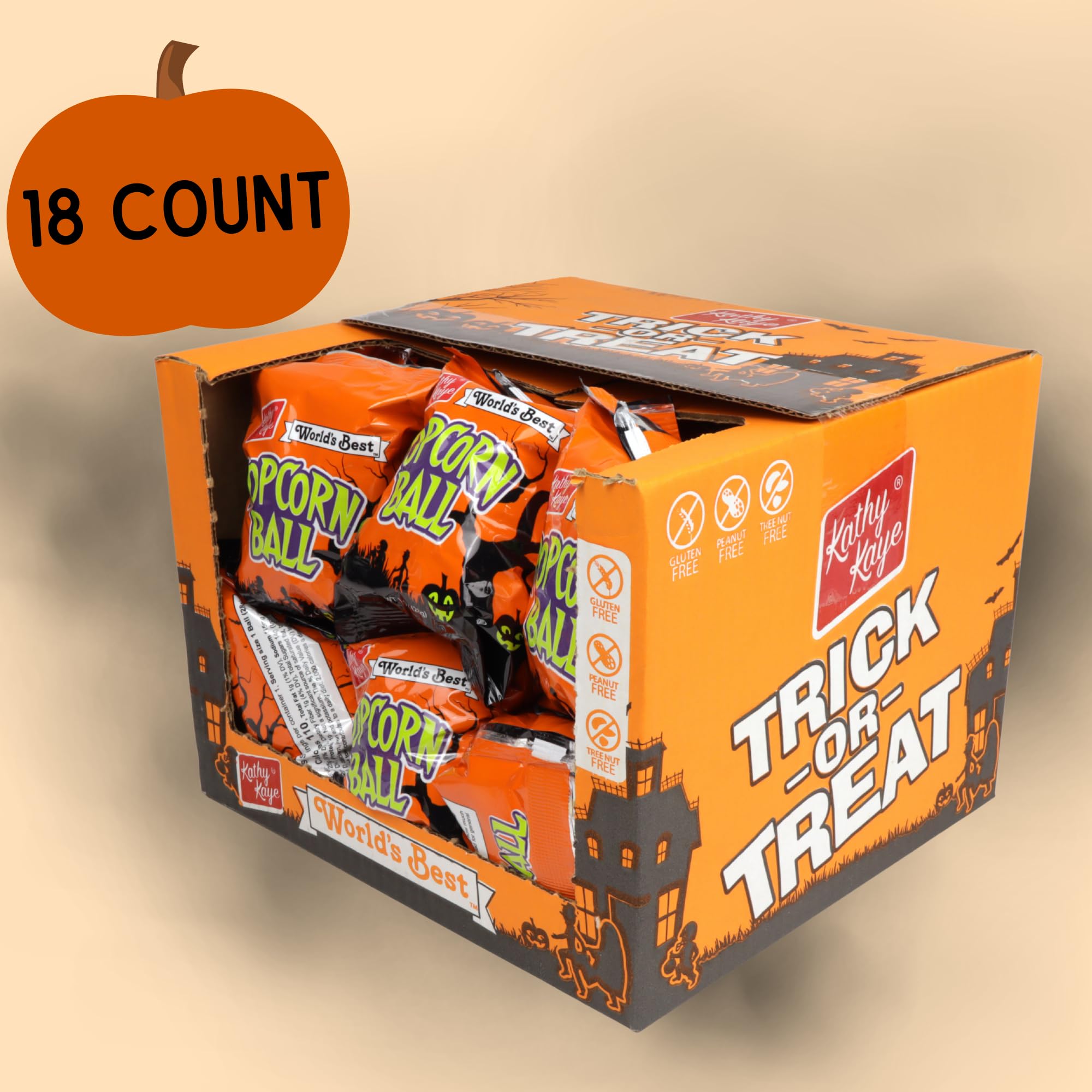 Kathy Kaye Halloween Popcorn Balls – 12 Individually Wrapped 1oz Treats, Gluten-Free & Nut-Free Snack Made in USA 🎃