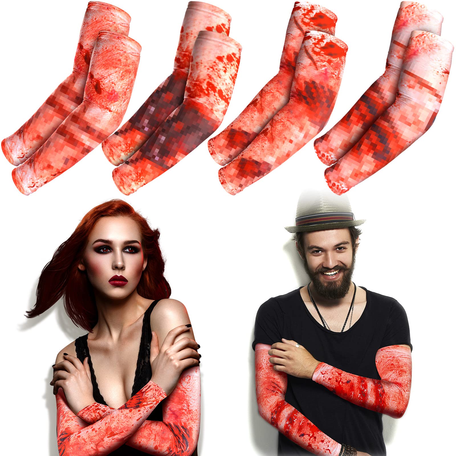 Zombie Bite Halloween Arm Sleeves – 4 Pairs Realistic Tattoo Costume Accessories 🧟‍♂️🔥