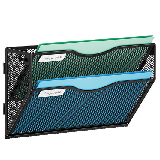 Marbrasse Wall-Mounted 2-Tier File Holder – Vertical Mesh Document & Mail Organizer for Office and Home (Black)