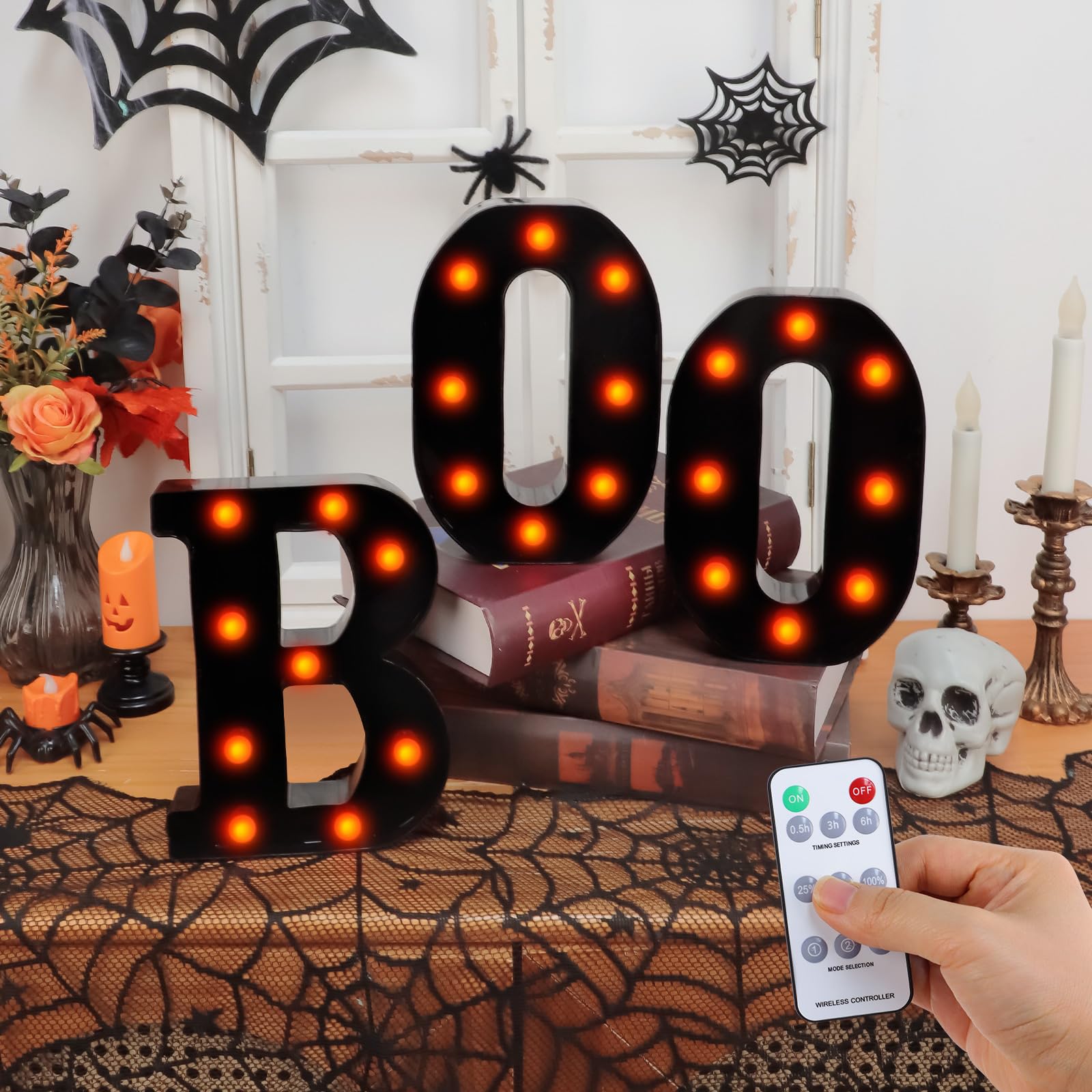 Light-Up “BOO” Marquee Letters – Orange LED Halloween Sign for Indoor Decor (Cordless, Timer, Flicker Mode)
