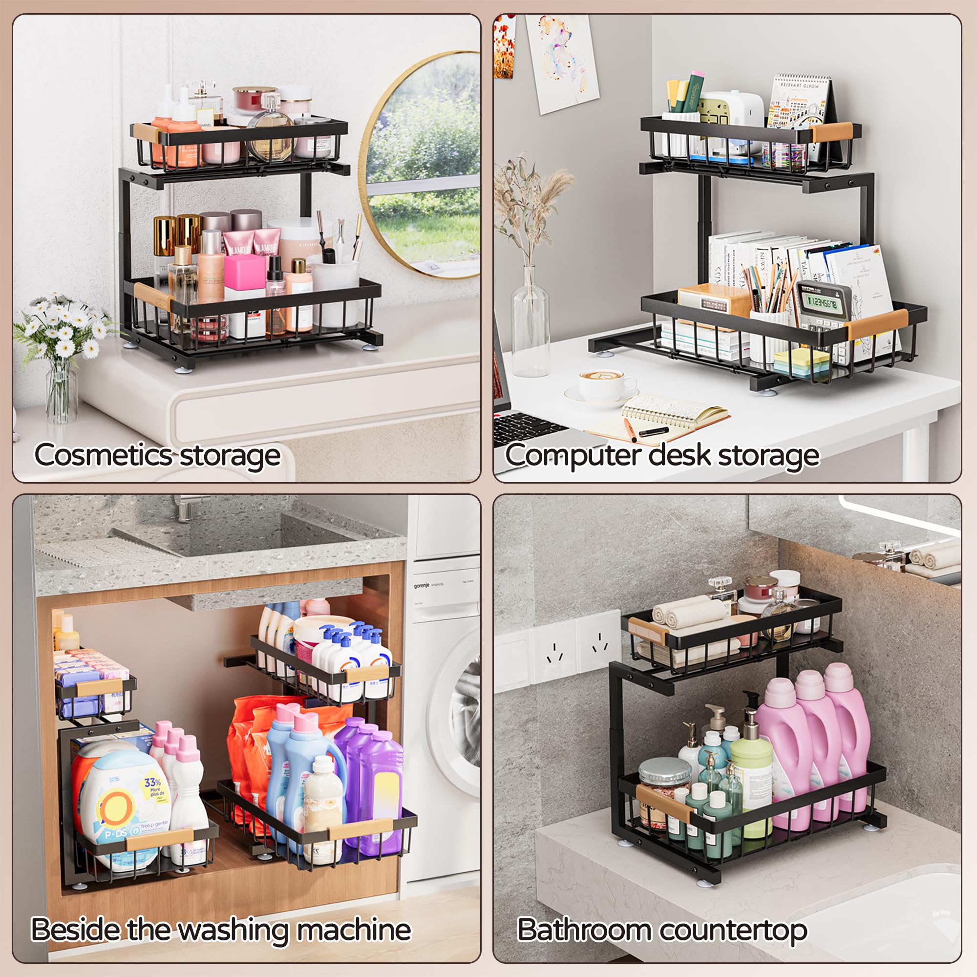 ADBIU Black Adjustable Under Sink Organizer – 2-Tier Pull-Out Cabinet Storage with Expandable Height (2 Pack)