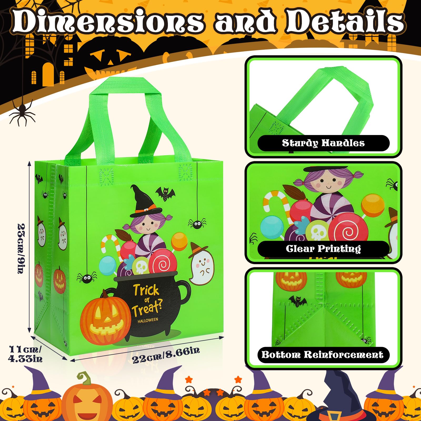 4-Pack Colorful Halloween Treat Bags with Handles – Reusable Non-Woven Gift Totes with Cute Pumpkin, Witch & Ghost Designs