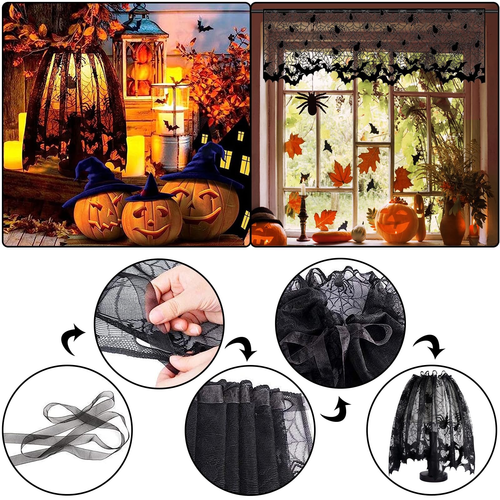 Halloween Lace Decoration Set – 5 Piece Black Gothic Décor Kit with Mantel Scarf, Table Runner, Lampshade, Round Cover & 3D Bat Wall Stickers