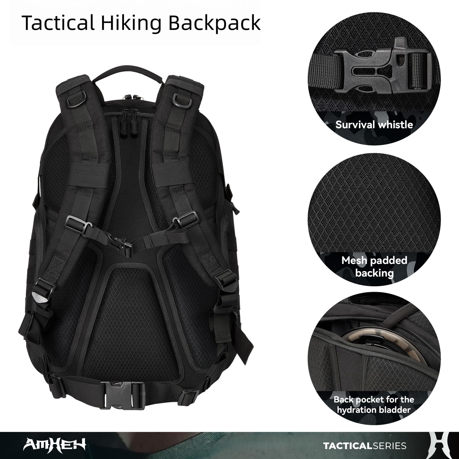 AMHEH 32L Military Tactical Backpack – Rugged MOLLE Carry-On Assault Pack with 17” Laptop Compartment – Black