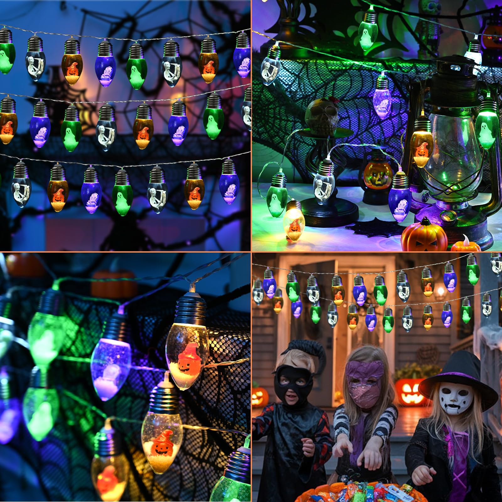 Colorful Halloween String Lights – 2 Pack 16.4FT Battery Operated LED Lights with Pumpkins, Skulls & Tombstones (8 Modes + Remote Control)