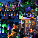 Colorful Halloween String Lights – 2 Pack 16.4FT Battery Operated LED Lights with Pumpkins, Skulls & Tombstones (8 Modes + Remote Control)