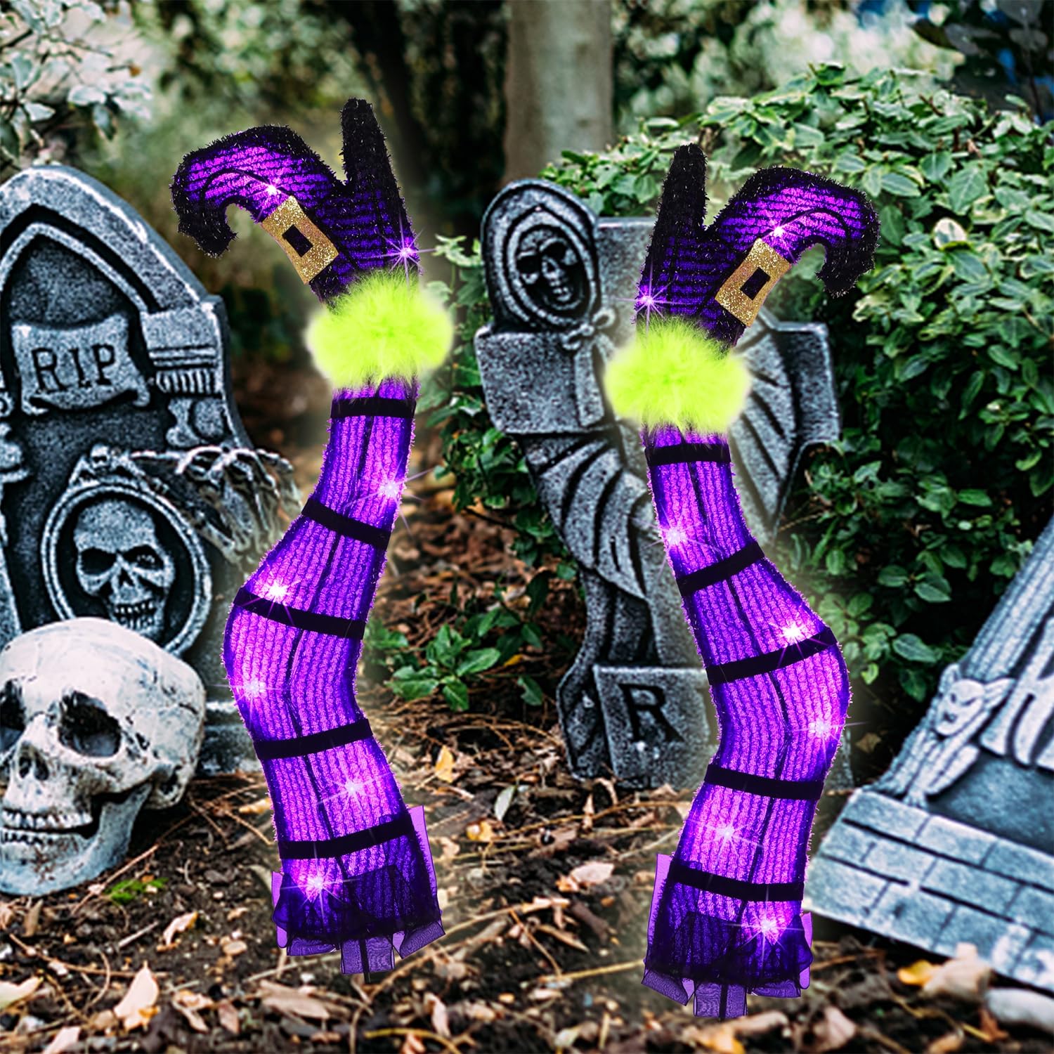 Light-Up Purple Witch Legs Yard Stakes – LED Halloween Decoration with 8 Lighting Modes & Timer Function