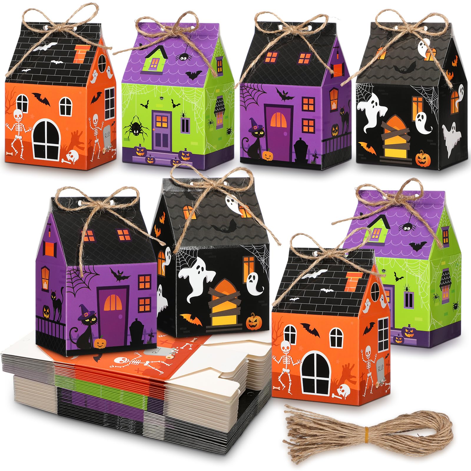 Halloween Mini Gift Boxes – 48-Pack Candy & Treat Boxes with Twine, 4 Festive Designs (Castle & Candy Theme)