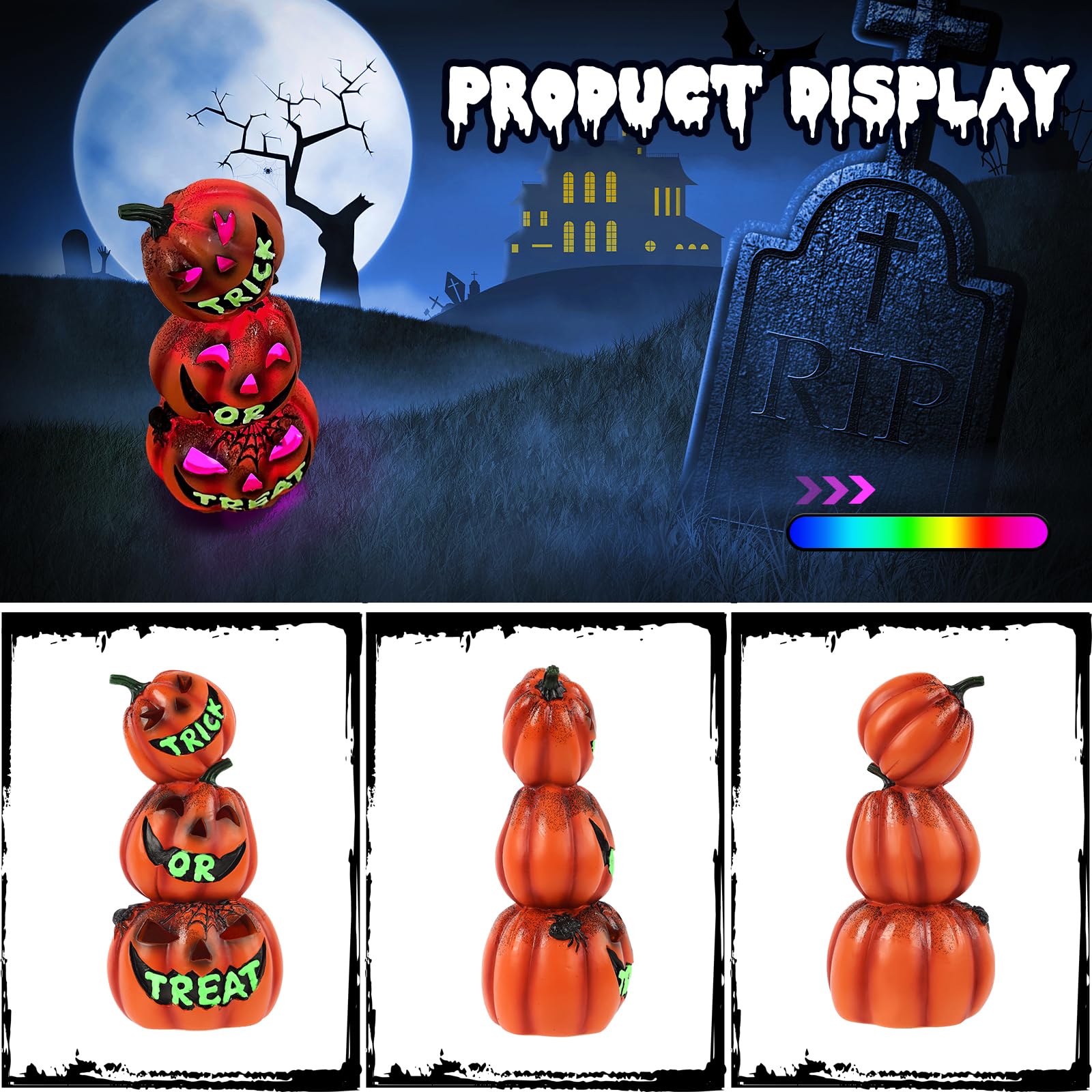 Trick or Treat Pumpkin Lantern – Color-Changing LED Jack-O’-Lantern Stack Light, Battery Operated Halloween Decoration (Resin Design)