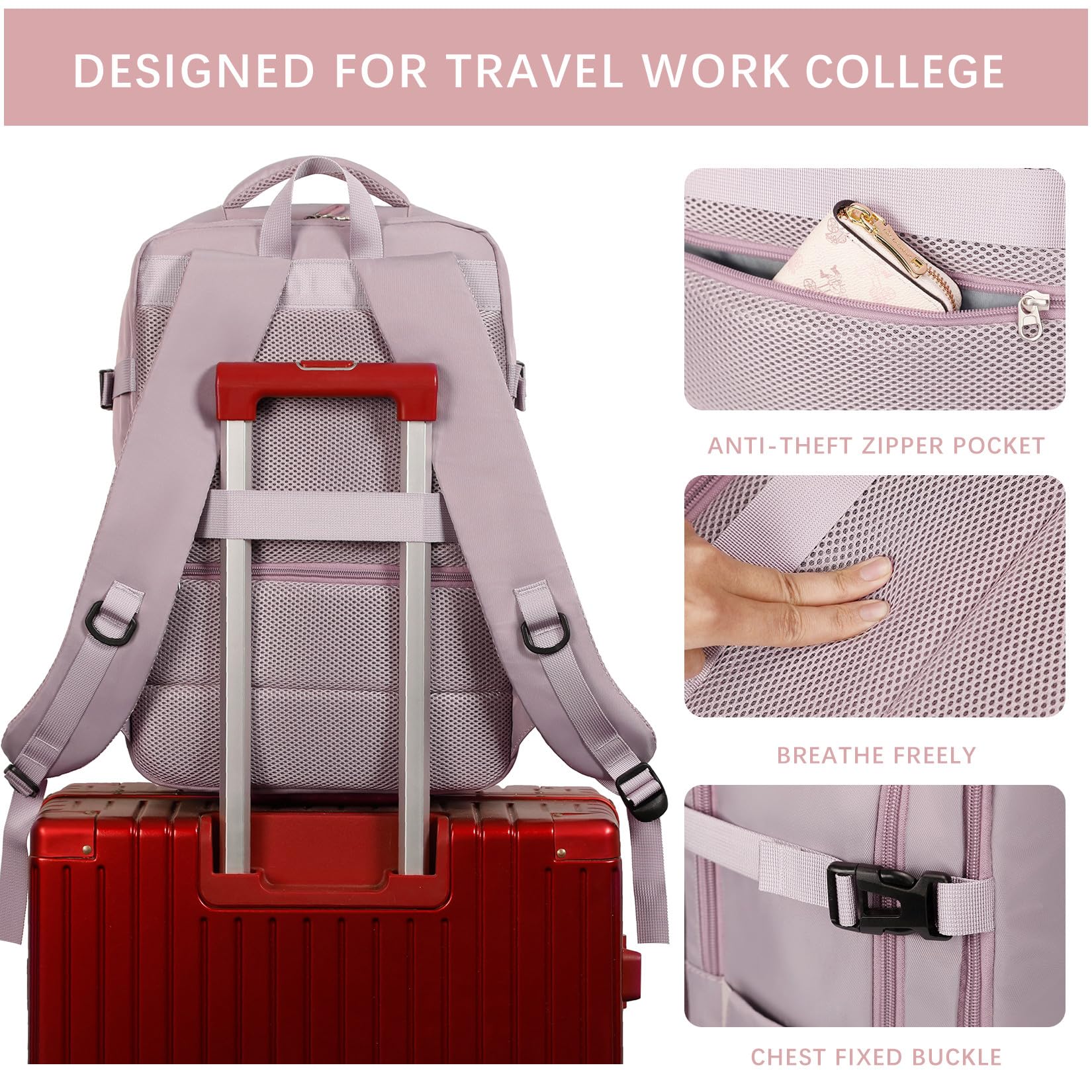 SHRRADOO Large TSA-Approved Travel Laptop Backpack for Work, College & Flights – Fits 17” – Pink Khaki