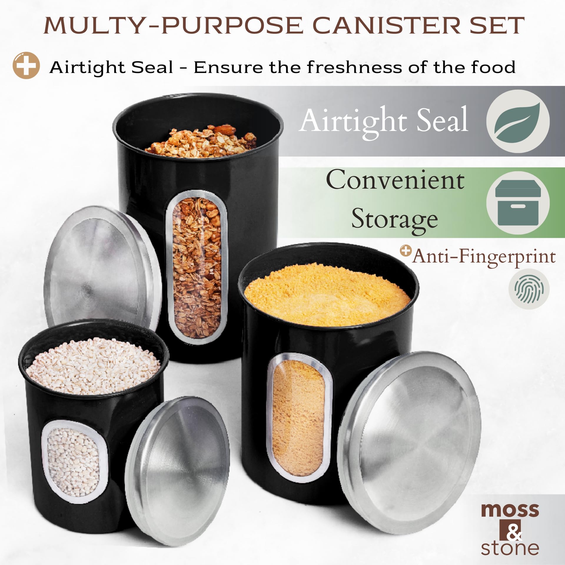Airtight Metal Kitchen Canister Set – 3-Piece Stainless Steel Storage with Window (Black)