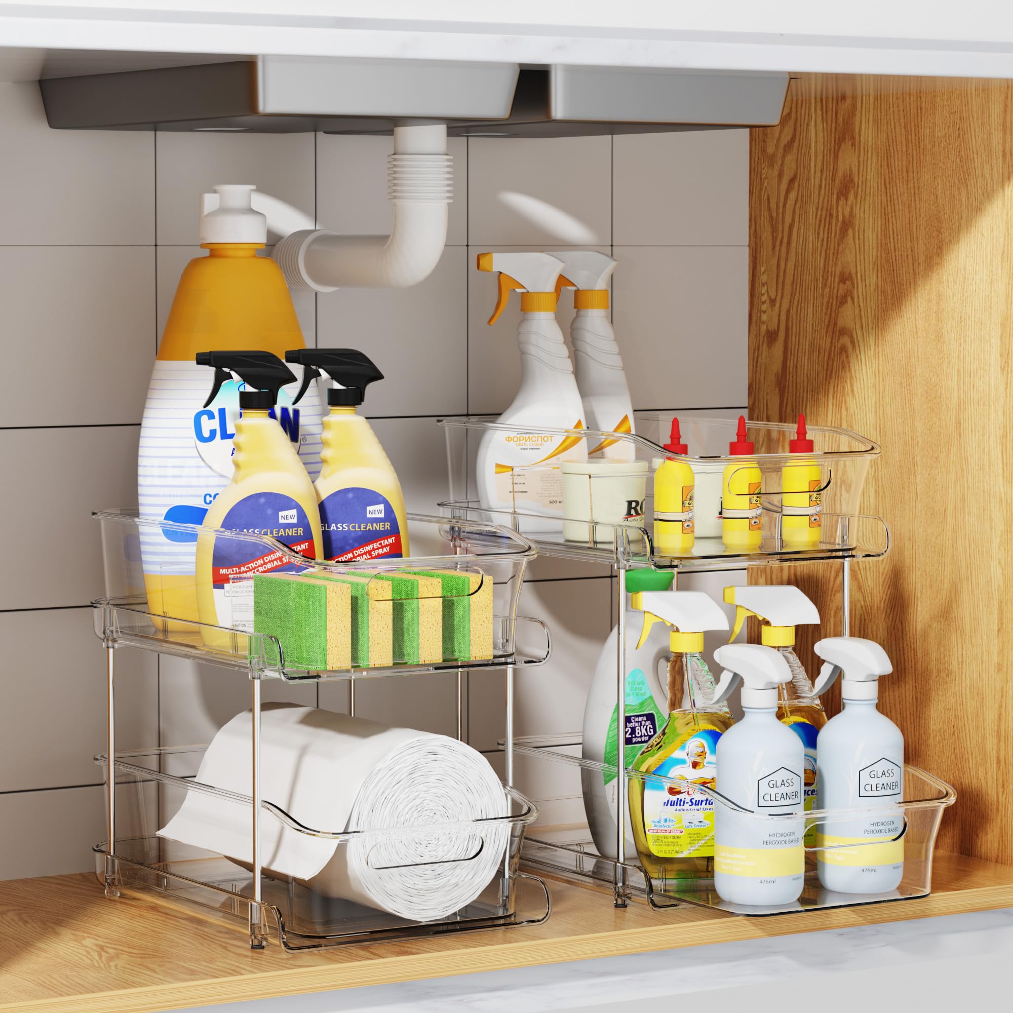 Delamu 2-Tier Clear Under Sink Organizer – Stackable Pull-Out Cabinet Storage with Dividers (2-Pack)