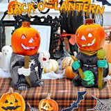 Vintage Halloween Resin Pumpkin Set – Hand-Painted Skeleton & Witch Figurines with Glow Base (Multicolor, 2-Pack)