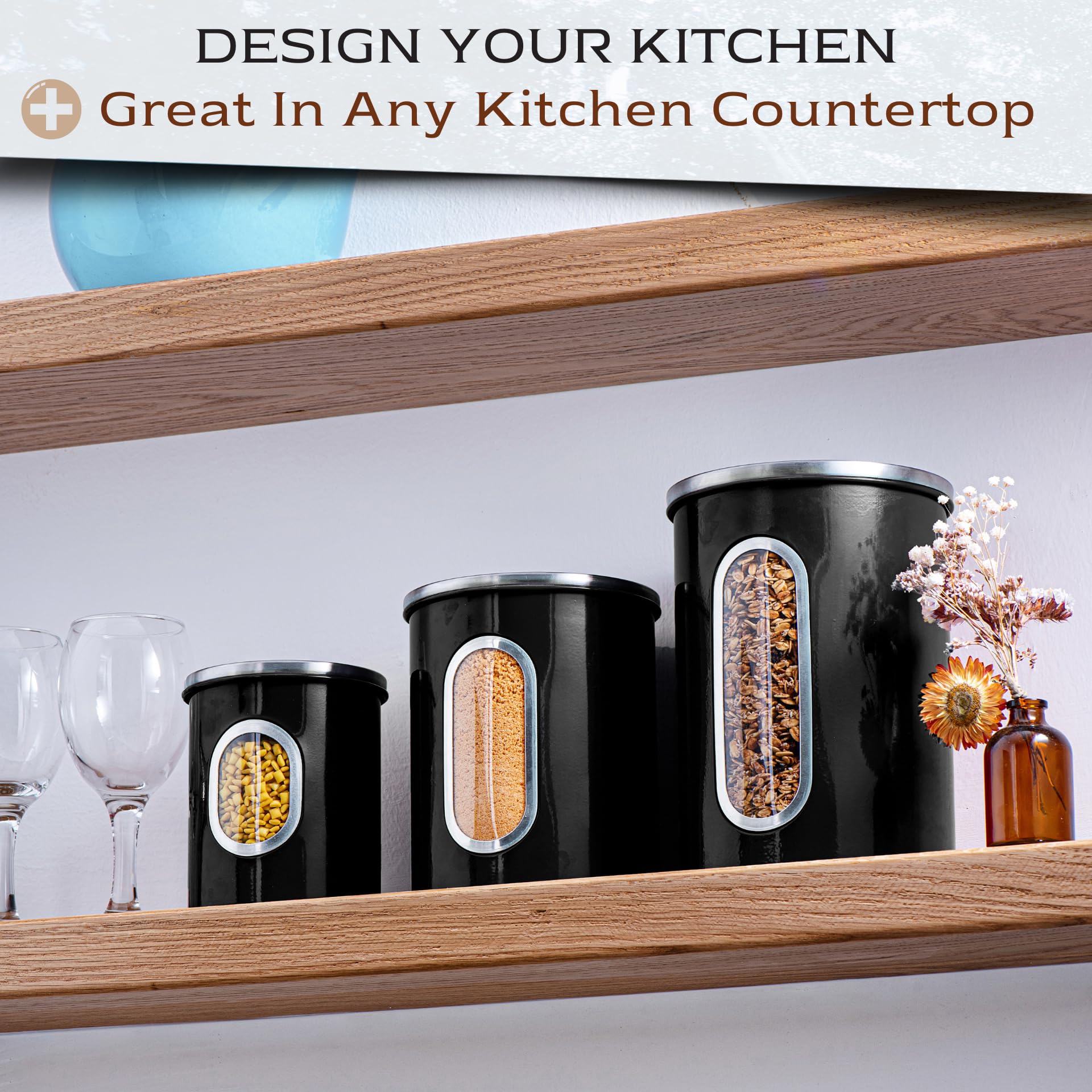Airtight Metal Kitchen Canister Set – 3-Piece Stainless Steel Storage with Window (Black)