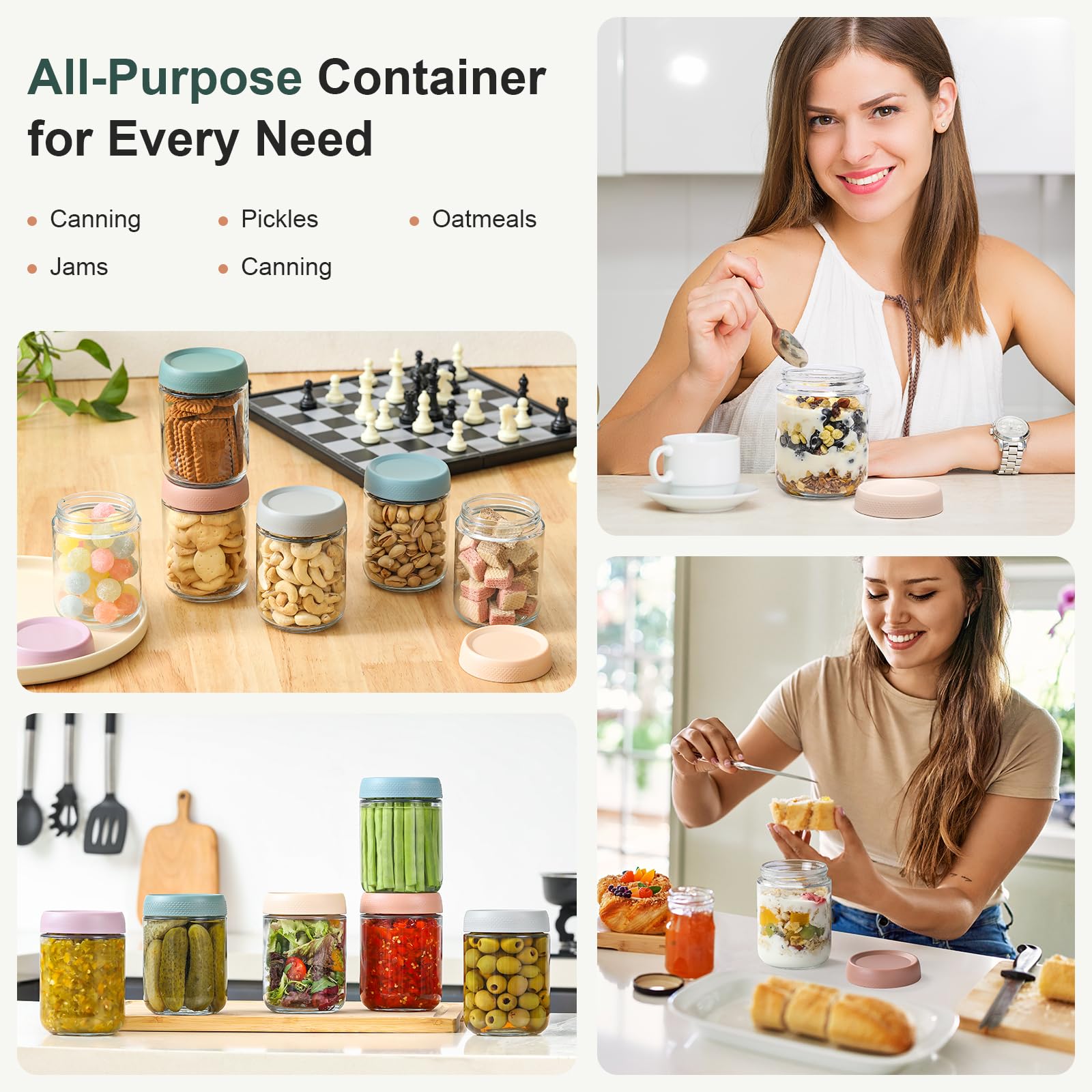 Airtight Glass Food Storage Jars – 16 oz Stackable Leakproof Containers (6-Pack, Multicolor)