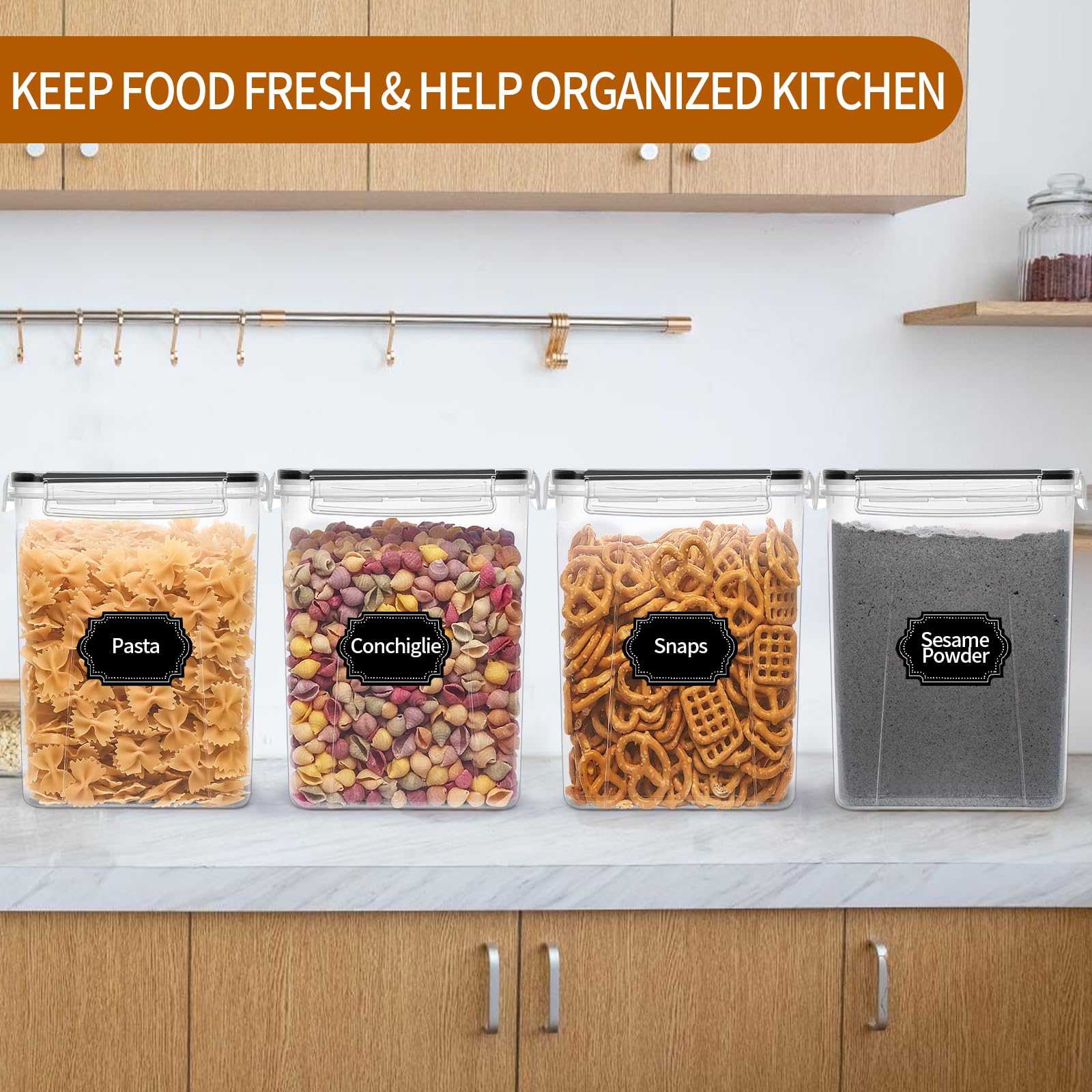 Large Airtight Pantry Storage Containers – 4-Piece 5.2L Cereal & Flour Container Set with Labels (Black)