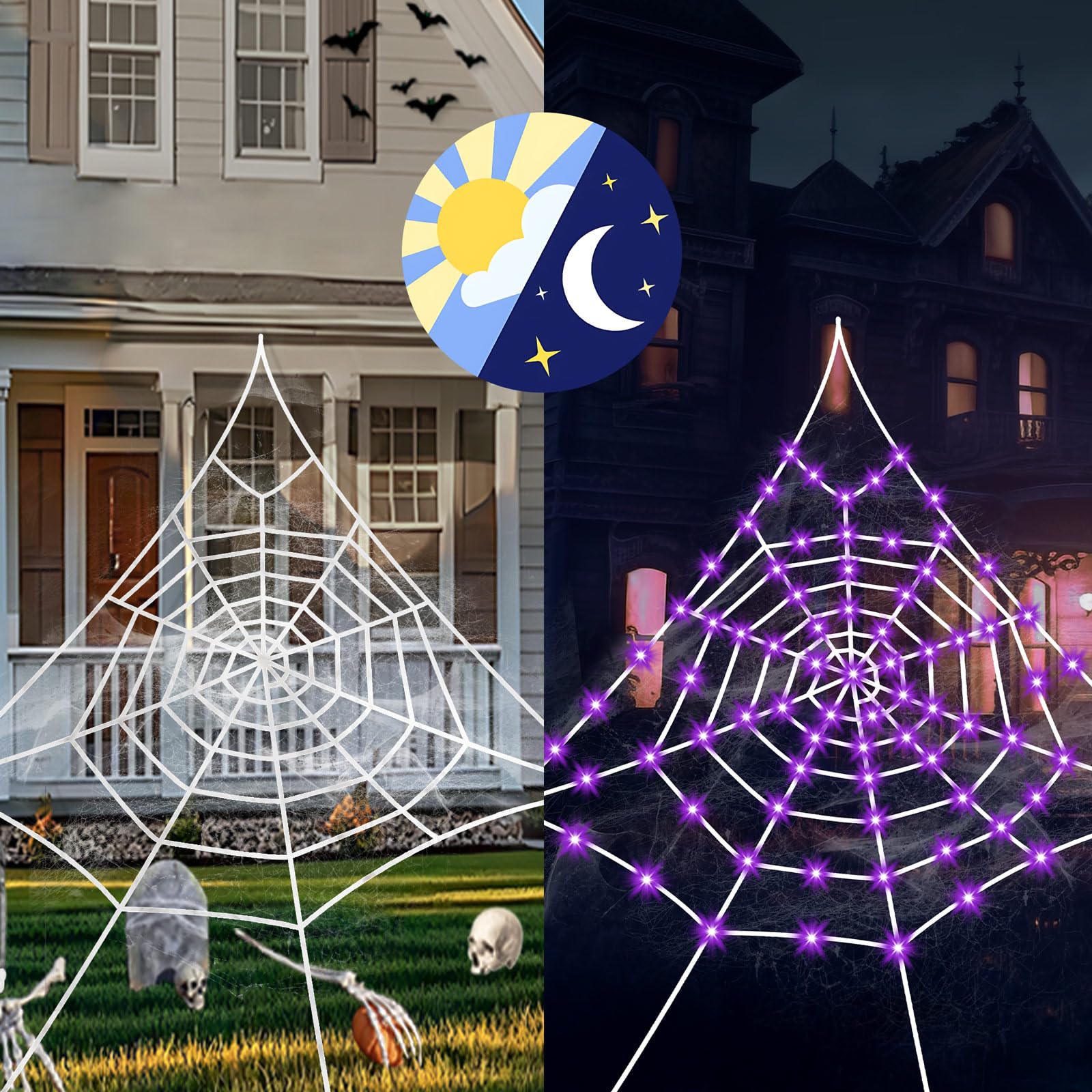 Large Lighted Halloween Spider Web – 250 LED Purple Lights with Hook & Stakes, Weatherproof Outdoor Decoration