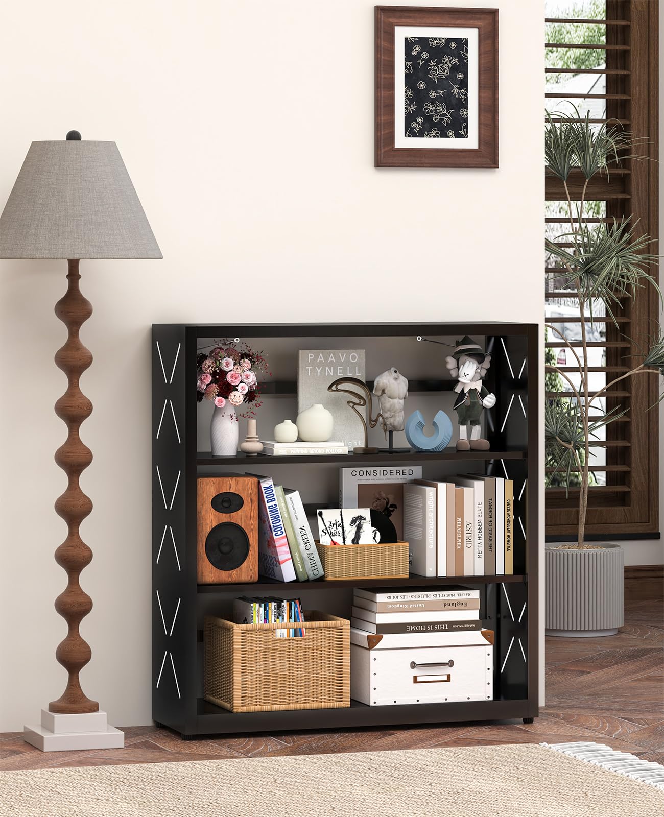 METALOONG 3-Tier Adjustable Metal Bookshelf – Heavy-Duty Storage Rack with Anti-Tip Safety Kit (Black)