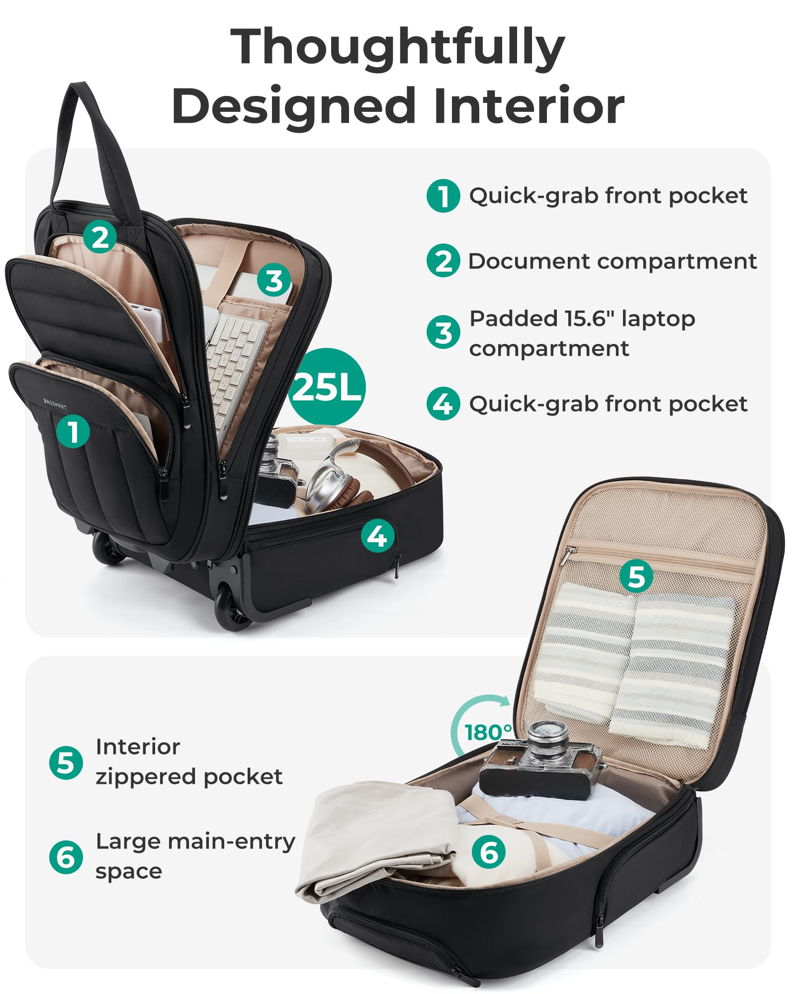 Bagsmart 16-Inch Underseat Carry-On Luggage with Wheels & Laptop Compartment – Black