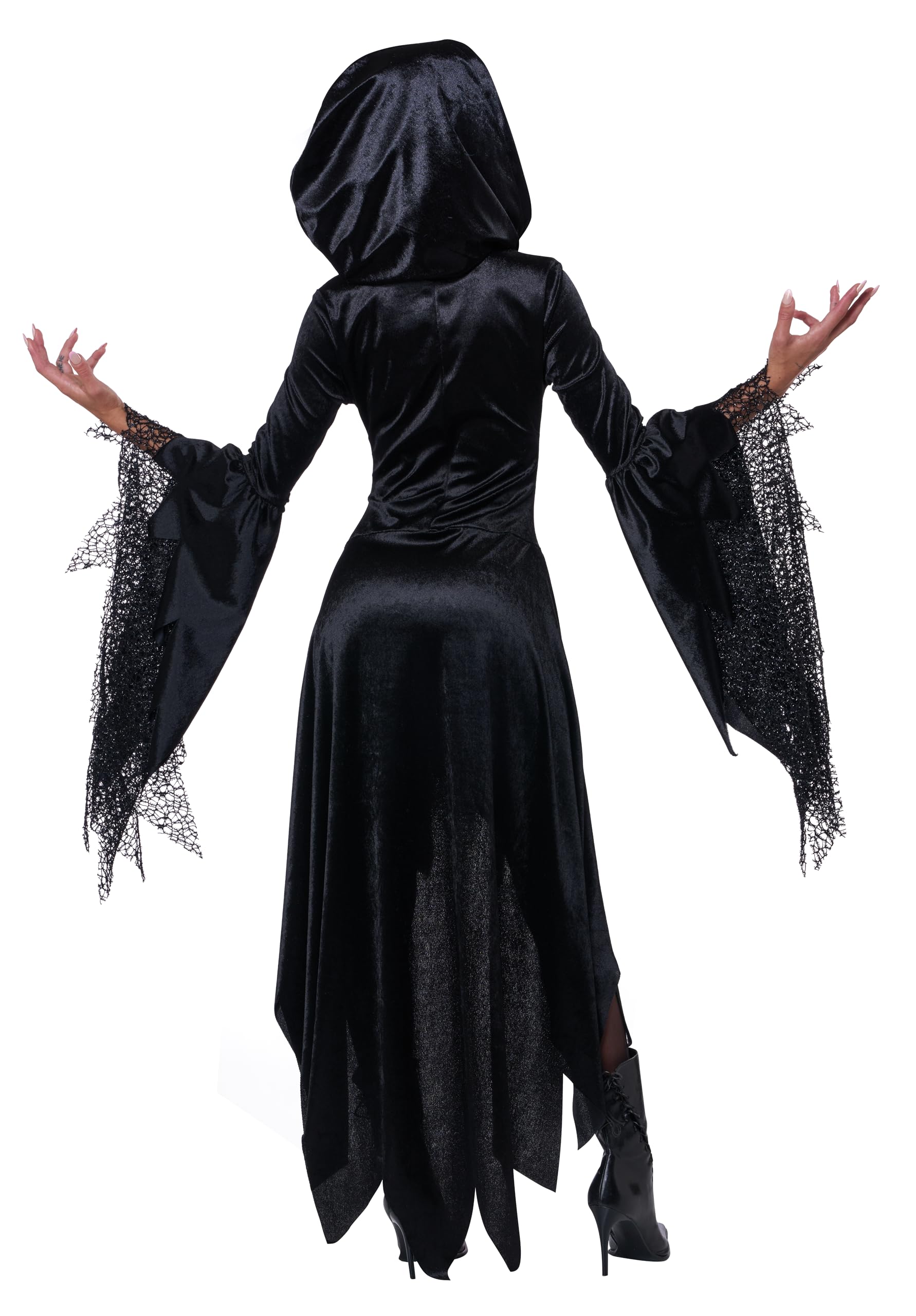Black Hooded Witch Costume for Women – Elegant Lace Chest Dress with Bell Sleeves