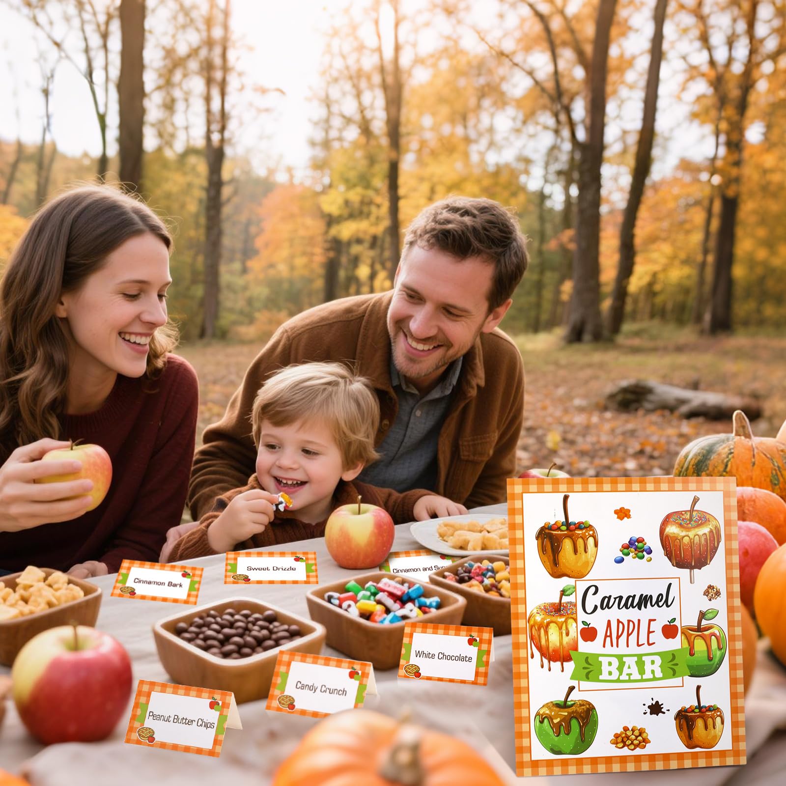 Caramel Apple Bar Decoration Kit – 14-Piece Fall Dessert Table Set with Standee & 12 Tent Cards (Orange Plaid Design)