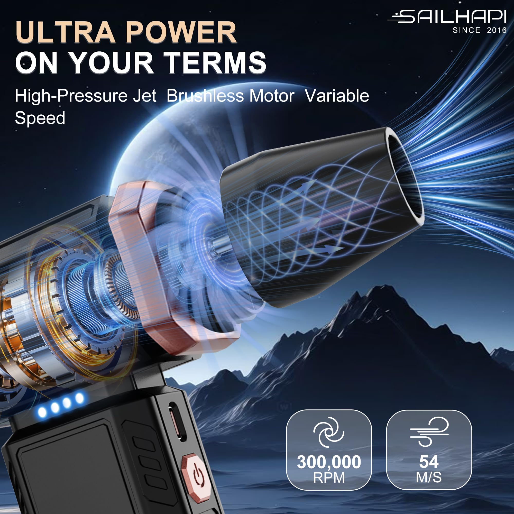 SAILHAPI Electric Air Duster 300000RPM Cordless Turbo Blower with Variable Speed Brushless Motor for PC Cleaning & Car Detailing